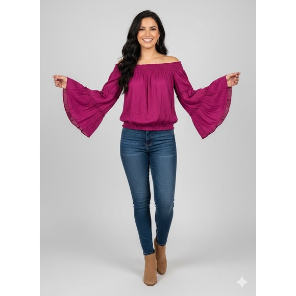 Free People Tops - Free People " Free Spirit" Off The Shoulder Top SZ XS Magenta Ruffle Bell Sleeve